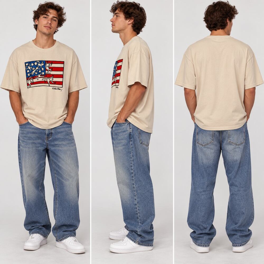XXL Keith Haring American Flag Graphic Tee Cream Pop Art Dancing Figures XXL